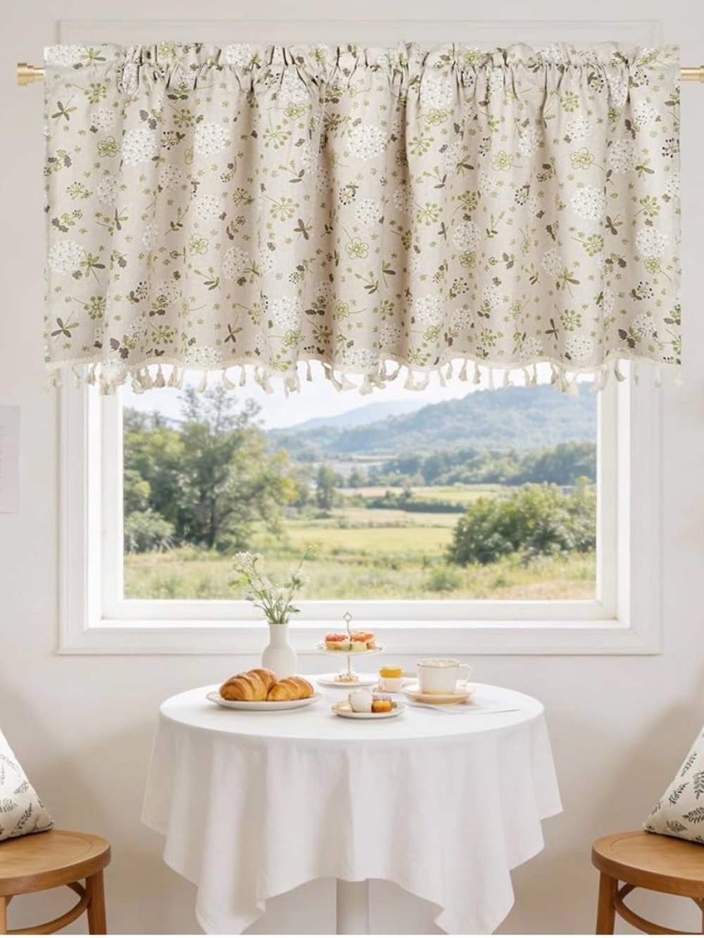Farmhouse Linen Blend Light Blocking Floral Valance Kitchen Drapes with Tassels